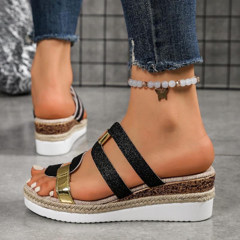 

New large size women s cool slippers frosted sequined wedge shoes women s platform loose shoes 36