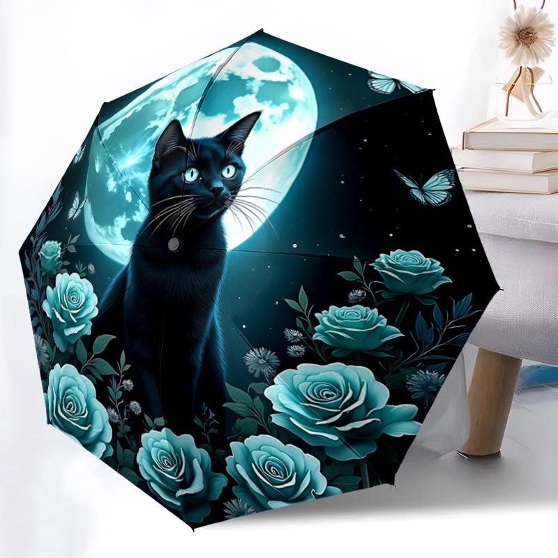 1pc Blue Rose & Butterfly Moonlit Night Automatic Folding Umbrella, 8 Bone Iron Frame, Portable Design for Outdoor Use, Perfect Gift for Fans, Tr