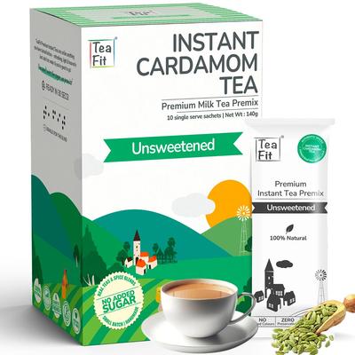 TeaFit Premium SENZA ZUCCHERO Miscela Istantanea per Tè al Cardamomo | Confezione da 10 Bustine (140g) | Latte Vero e Cardamomo | Chai Elaichi in Stile Casalingo | Prem per Tè al Latte