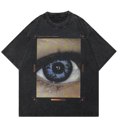 Streetwear Big Eye Graphic Unisex T-Shirt Cotton Washed Black Tshirt Unisex Tops Tees Summer Short Sleeves T Shirt