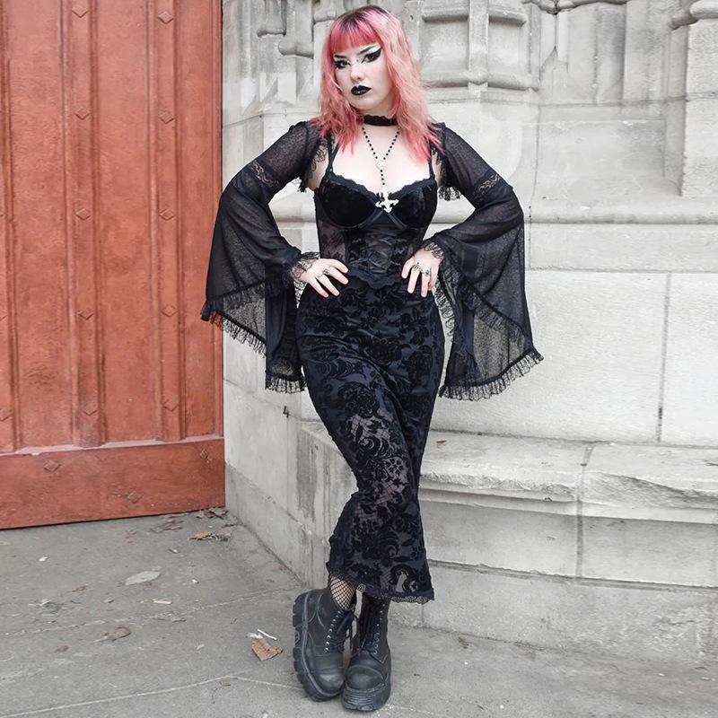 Dark Spring/Summer Lace Bell Sleeve Casual Black Cardigan Top