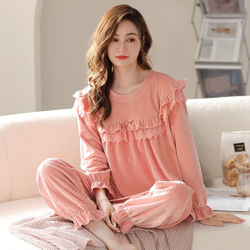 Pajamas Women'S Spring And Autumn Coral Fleece Thin Fleece Winter Autumn And Winter Flannel Winter Loungewear Set