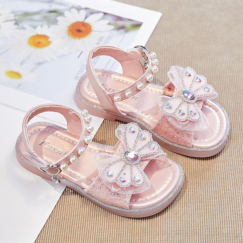 2024 New Soft Butterfly Rhinestones Sweet Princess Shoes for Party Wedding Shows Summer Children Girls Sandals Britain Style PU