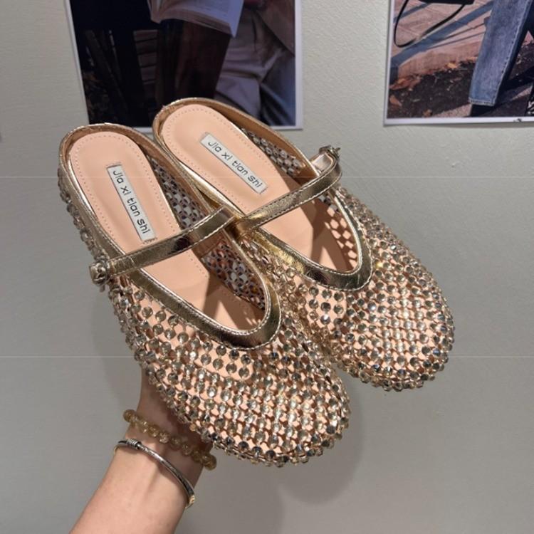 Premium Sense Rhinestone Mary Jane Bag Head Half Slippers Women's 2025 New Summer Outer Slippers French Cool Slippers