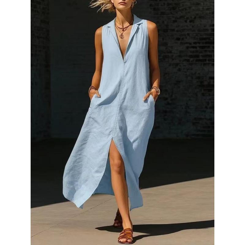 European and American new women s clothing, casual sleeveless loose pocket women s long dress S небесно-голубой