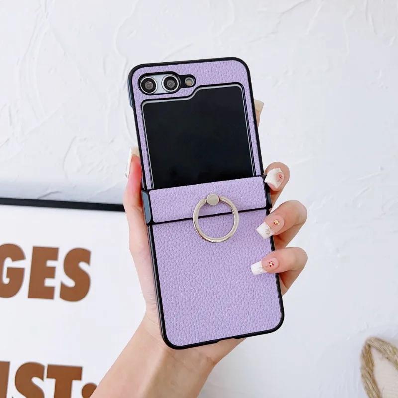 Litchi Patterned Leather Phone Case for Samsung Galaxy Z Flip 6 5 4 3 Flip6 Flip5 Flip4 Flip3 5G Ring Holder Shockproof Cover