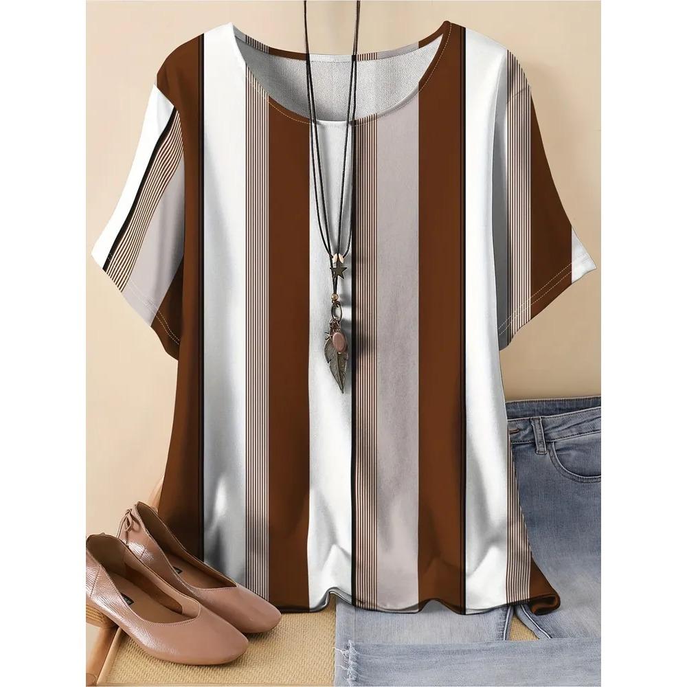 Women s Fashionable Breathable Round Neck Stripe T-shirt Comfortable Soft Breathable Loose Slightly Elastic Summer Plus Size T-shirt S