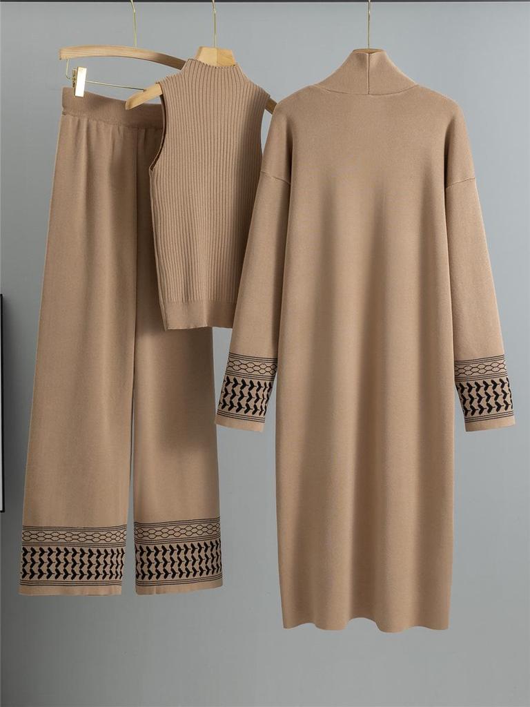 Europäische & Amerikanische Mode Gestricktes Dreiteiliges Set: Herbst/Winter Freizeitweste, Strickjacke und Hose mit weitem Bein