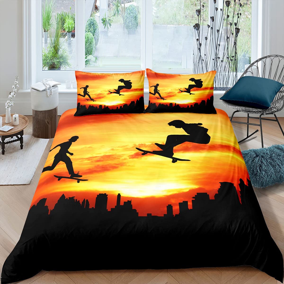 

Sailing Boat Duvet Cover,Romantic City Sunset View Bedding Set,Colorful Boat Comforter Cover Valentine s Day Theme Quilt Cover EU Single(135x200cm)