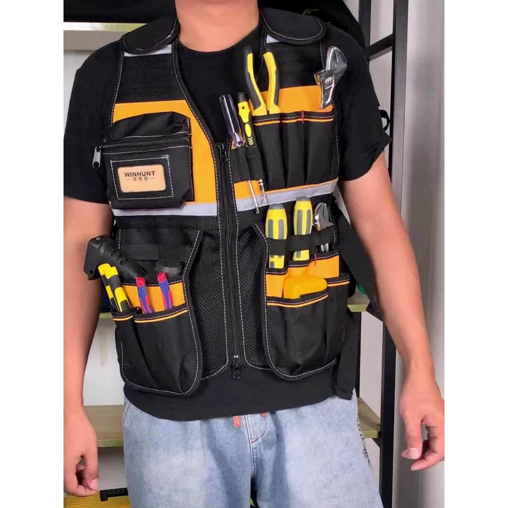 Nastavitelná vesta na elektrické nářadí - Odolná vícekapsová úložná taška pro údržbáře, tesařská pracovní vesta se zipovou kapsou, elektrické nářadí pro elektrikáře