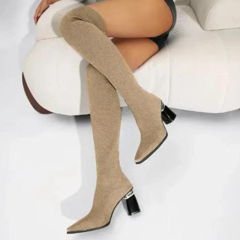 

Обувь для женщин Новые сексуальные женские сапоги выше колена с острым носком Осень-зима Высокий каблук Эластичные трикотажные женские сапоги-носки для отдыха 35 хаки