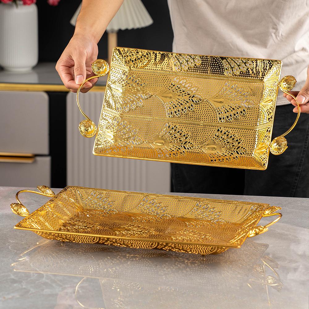 Long tray square gold hollow gift fruit and snack storage tray, restaurant snack candy and fruit tray storage containers