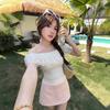 French Ruffle Edge One-word Shoulder Short-sleeved T-shirt Women's Summer Pure Desire Style Slim-fitting Bottoming Shirt Temperament Short Top