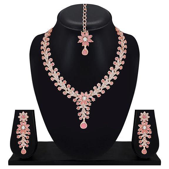 Diamond Necklace Jewellery Set for Women with Earrings and Maang Tikka for Wedding, Party, Engagements & Festivals