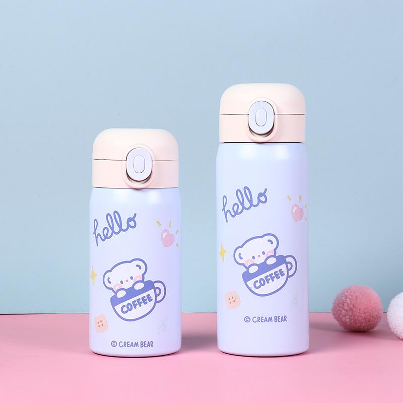 Cute Bear Insulated Water Bottle 304 Stainless Steel Double Wall Vacuum Flask Portable Leak-Proof Travel Mug For Students Kids