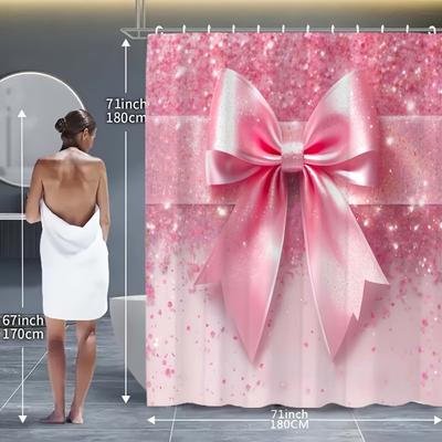 VIKAMA Fashion Pink Shining Diamond Bow Printed Shower Curtain Waterproof and Mold Proof Bathroom Partition Curtain Home Decor