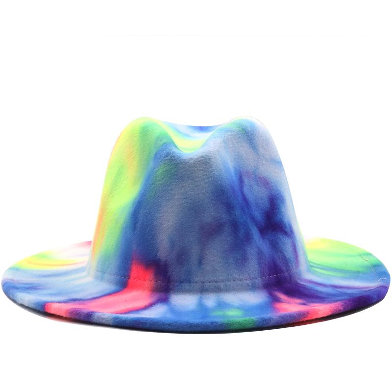 Kapelusze fedora kobiety mężczyźni szerokie rondo Tie Dye jesień zima kobiety kapelusze vintage fascinator wielokolorowy niebieski zielony biały filcowy kapelusz mężczyźni