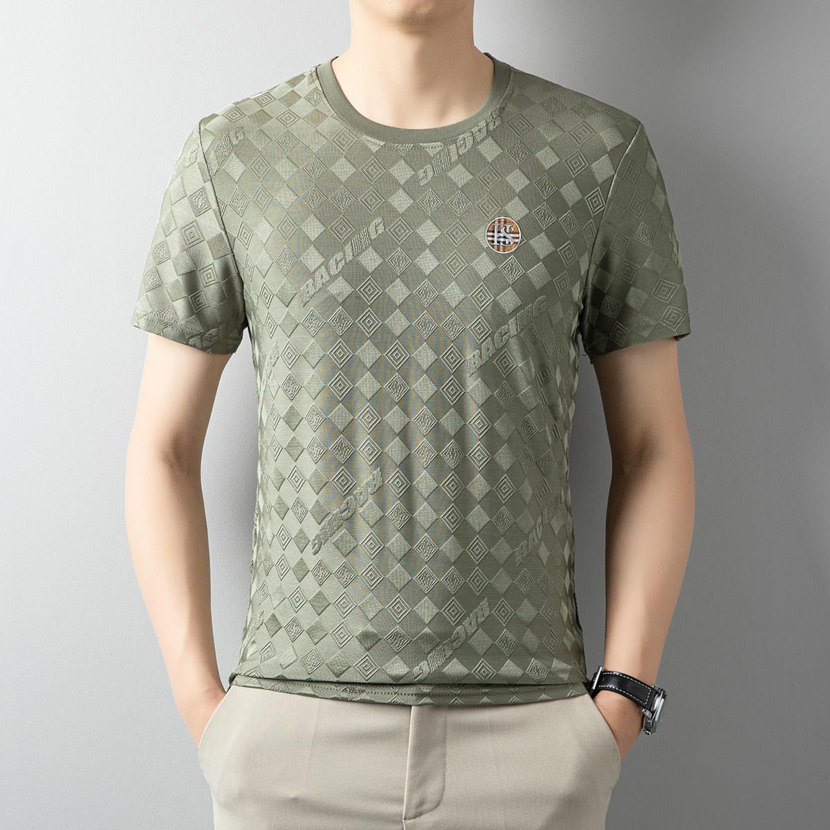 Высококачественная футболка из ледяного шелка с короткими рукавами, мужская летняя дышащая жаккардовая футболка с круглым вырезом и половиной рукавов, модная повседневная тенденция 4XL