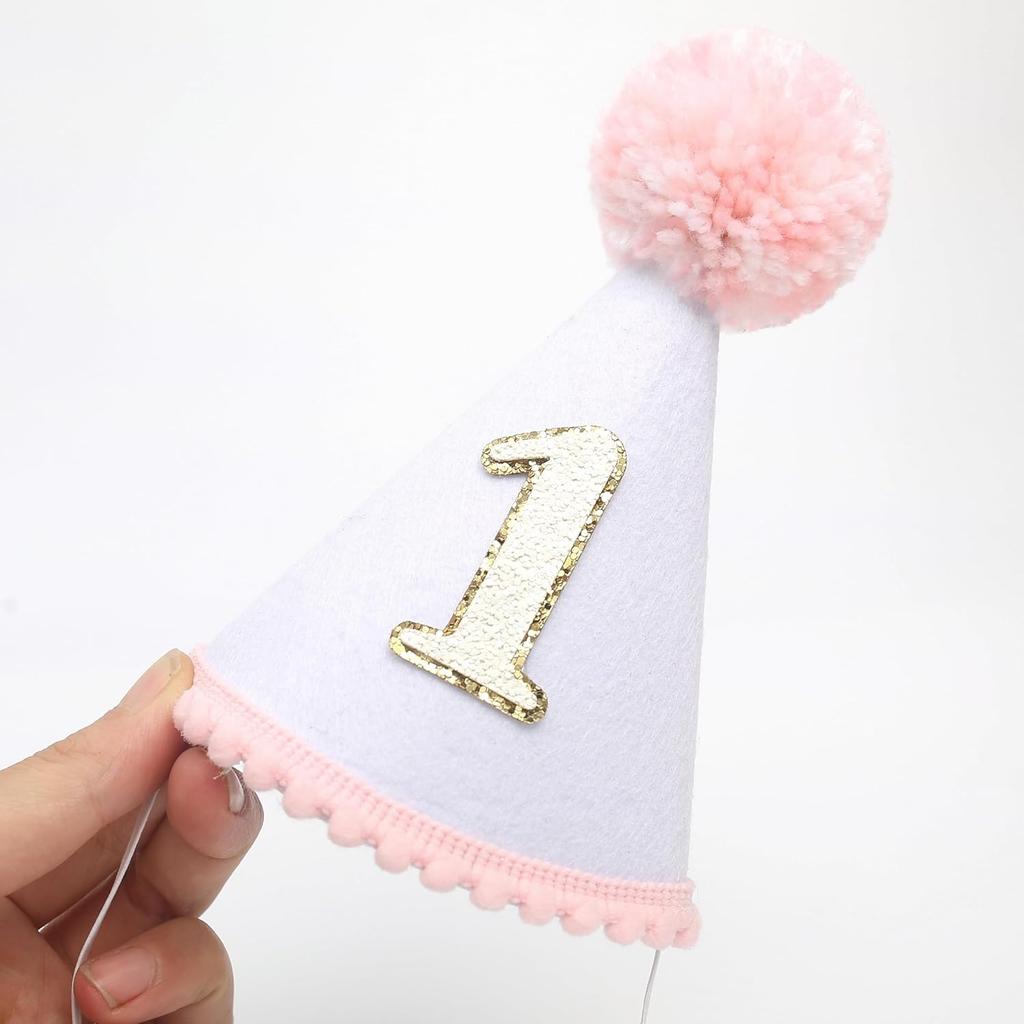 HGFC First Birthday Hat for Baby Girls - Glitter Hat with Pink Pom Topper, Cake Smash Photo Prop for 1st Birthday