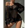 Ausgehöhltes, gestricktes, seitlich geschlitztes Cover-Up ohne Bikini, langärmliges, locker sitzendes Cover-Up-Kleid mit Rundhalsausschnitt, Bademode und Kleidung für Damen