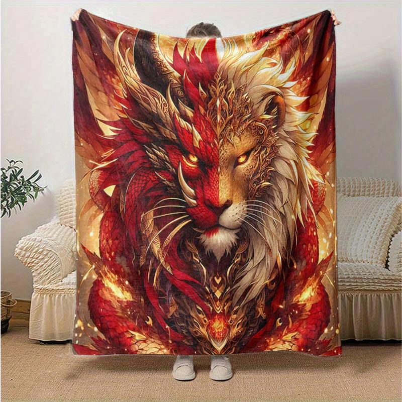 1pc Golden Lion of Fire Cartoon Blanket Soft Throw for Home Decor, Gift Idea, Living Room, Travel, Camping, Car Blankets