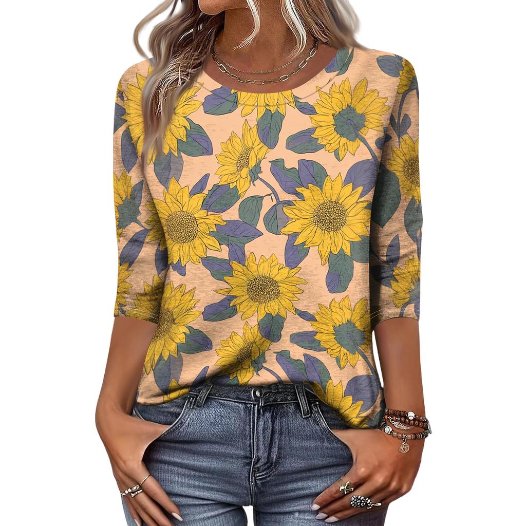Women's Fashion Casual Round Neck 3/4 Sleeve Loose Printed T-Shirt Ladies Top