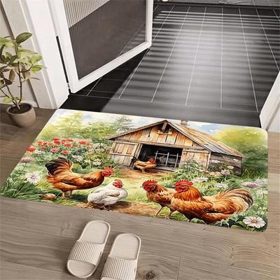 1 Stück Anti-Ermüdungs-Küchenteppiche Bauernhaus Hahn Floral Wasserdicht Rutschfest Dick Gepolsterte Küchenmatte Schwerlast Komfort Stehmatte für Küche