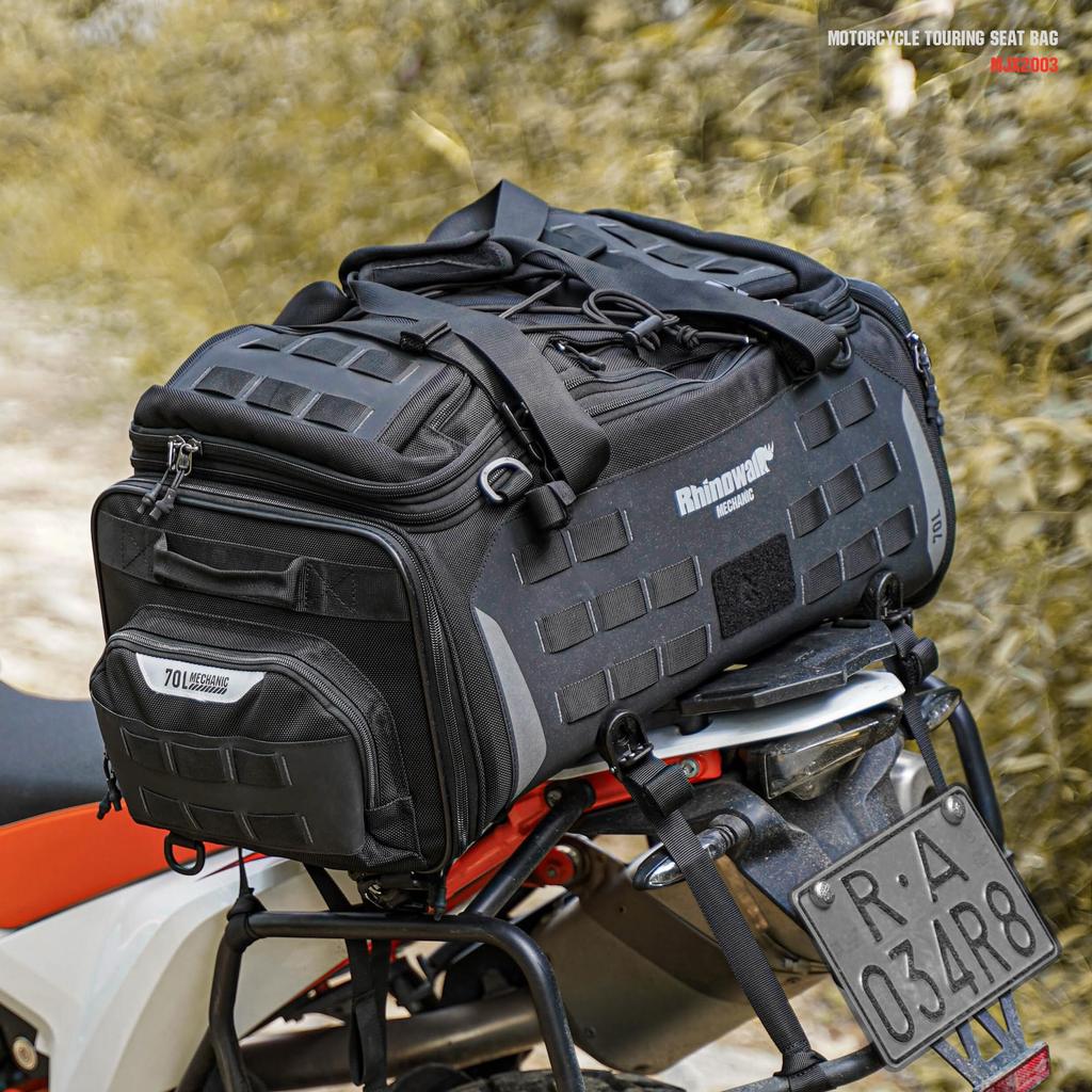 Rhinowalk Motorcycle Travel Luggage Waterproof Luggage Expandable Motorcycle Tail 70L MOLLE System Trunk Rack Bag with Sissy Bar Straps Black Bag,