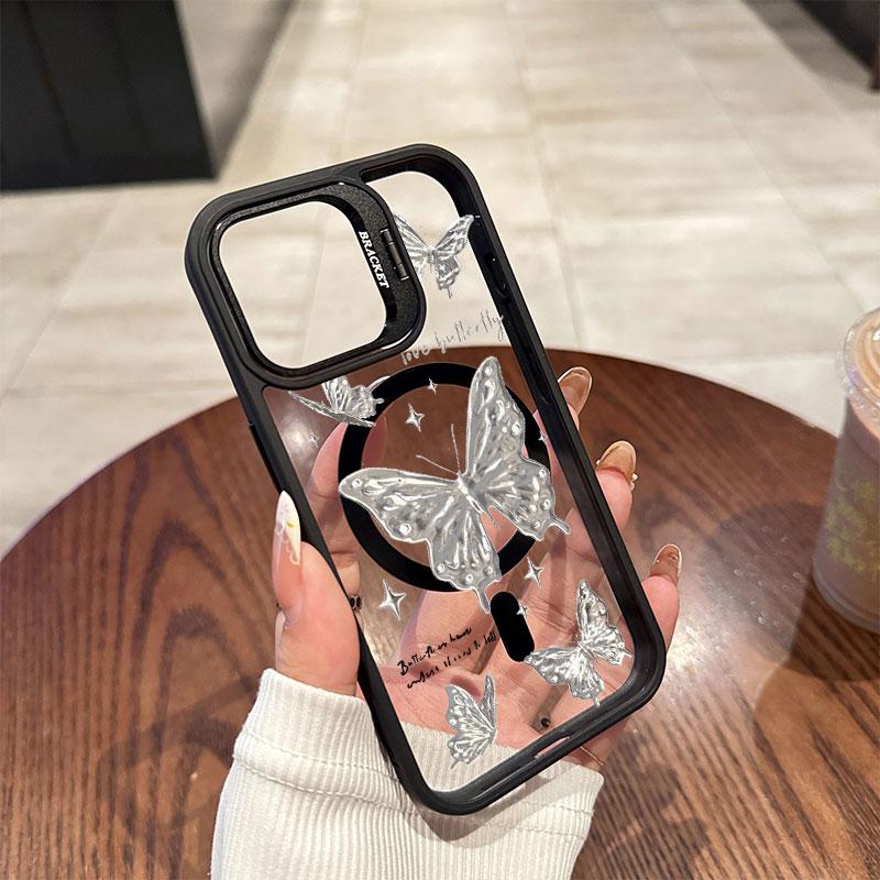 Silver Butterfly Acrylic Hard Shell For iPhone16 16pro 15ProMax 11 12 13pro 14Plus Multi Functional Lens Phone Holder Phone Case