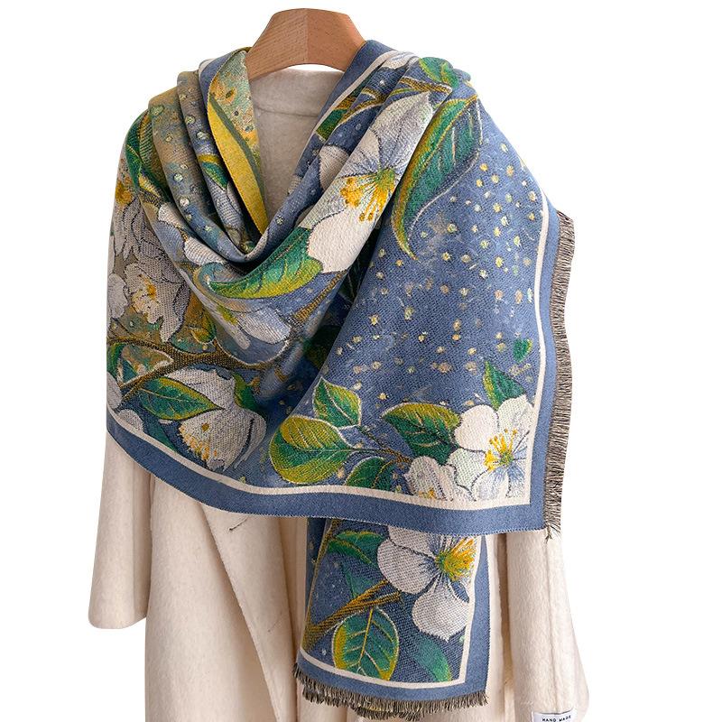 Autumn And Winter National Style Plants And Flowers Landscape Painting Elegant Women Warm Scarf Fashion Retro Shawl