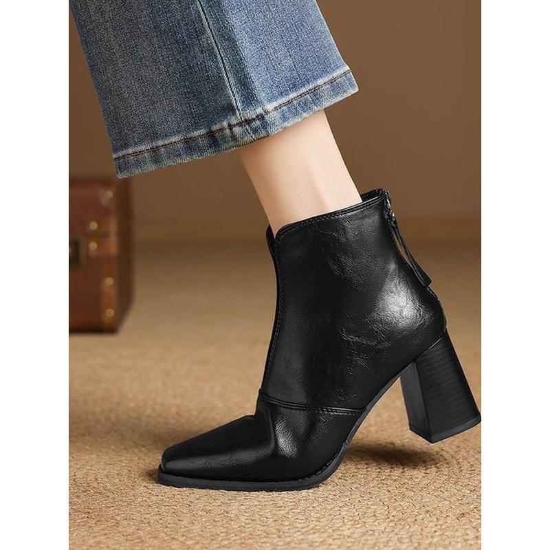Square Head Chelsea Boots Women's Retro Short Boots High Heel Single Inlet Small Ankle Boots Thick Heel Women's Boots Single Boots