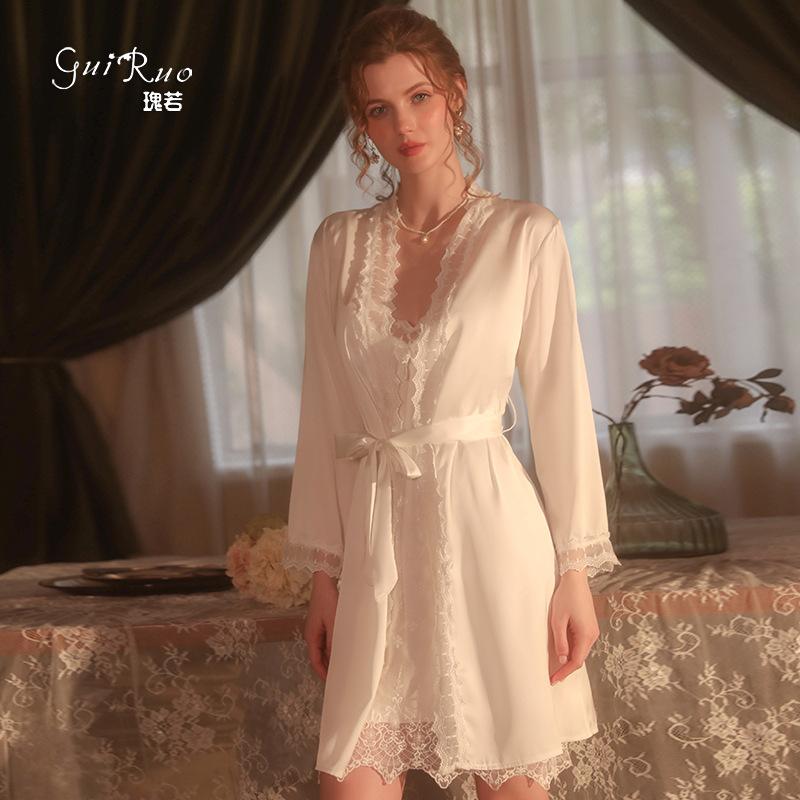 Women's Lace Bow Comfy Backless Cami Sleep Dress with Robe Lounge Set