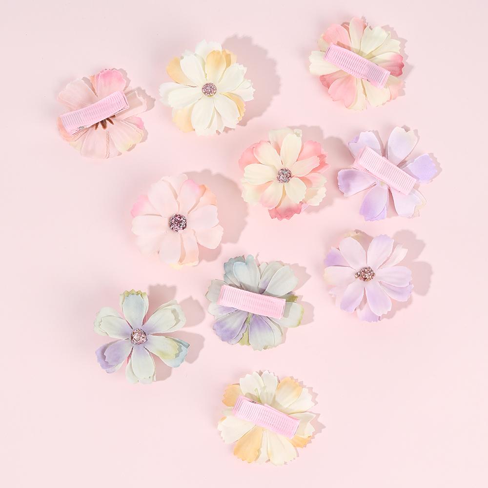 10Pcs Simulated Flower Hair Clip Gradient Floral Rhinestone Girl Hairpin Rustic Kid Accessories Headdress For Beach School Party