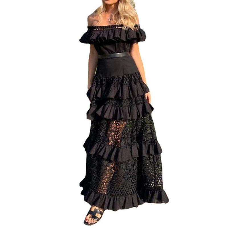 Cross-border Summer New European and American Foreign Trade Women's Dress Flounce Hollowed-out Lace Dress