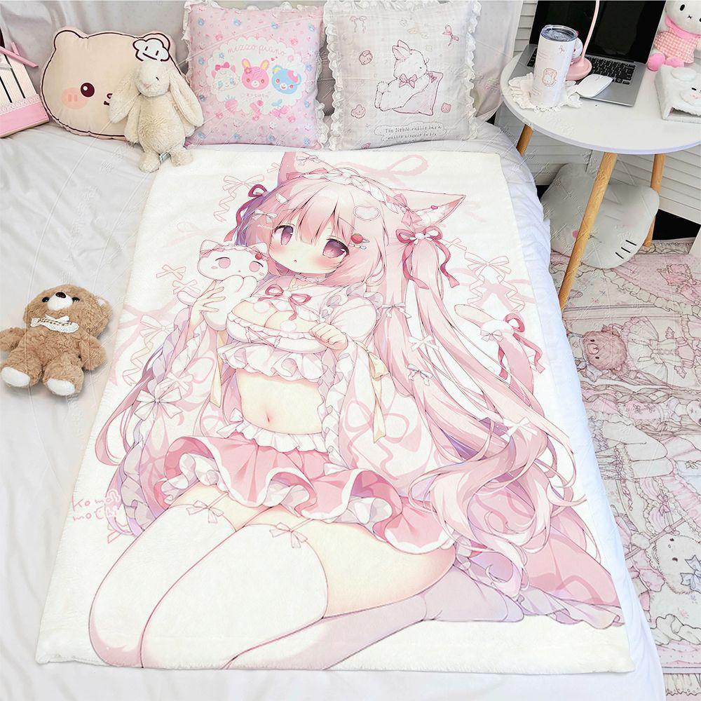 Japanese Style Spotlight Pink Cat Girl Anime Blanket Cute Paw Design Custom Printed Fleece Blanket for Bedroom Sofa Home Decor