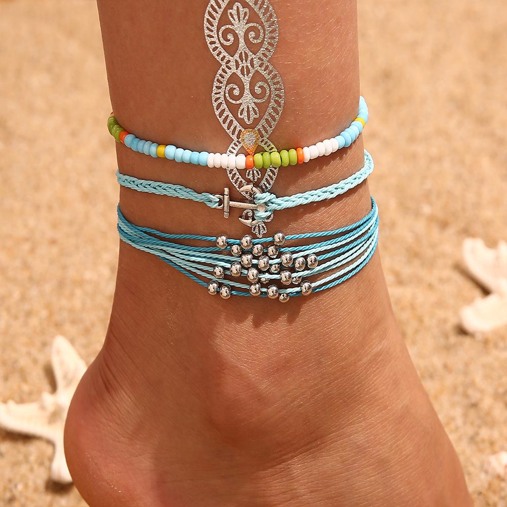 Bohemian Retro Wax Rope Mixed Color Woven Turquoise Sunflower Handmade String Mixed Color Rice Bead Multi-Layer Anklet