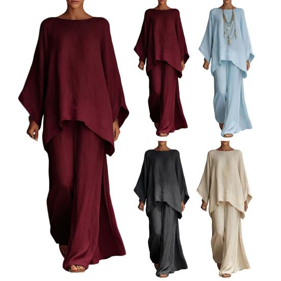 Completi da Salotto Estivi da Donna a Due Pezzi con Top Batwing a Manica Lunga Scollo a Barca e Pantaloni a Gamba Larga