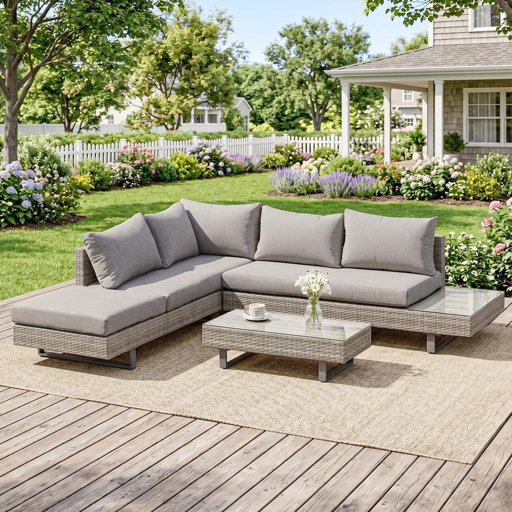 Corner Outdoor Garden Lounge Set 5 Seats Contemporary Design Removable-cover Cushions Coffee Table Epoxy Steel Grey Woven Resin