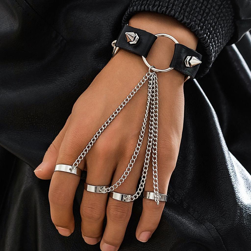 DIEZI Cuban Link Chain Finger Ring Bracelet For Men Women Vintage Black PU Leather Rivet Wrap Bracelet Cosplay Gift New Jewelry