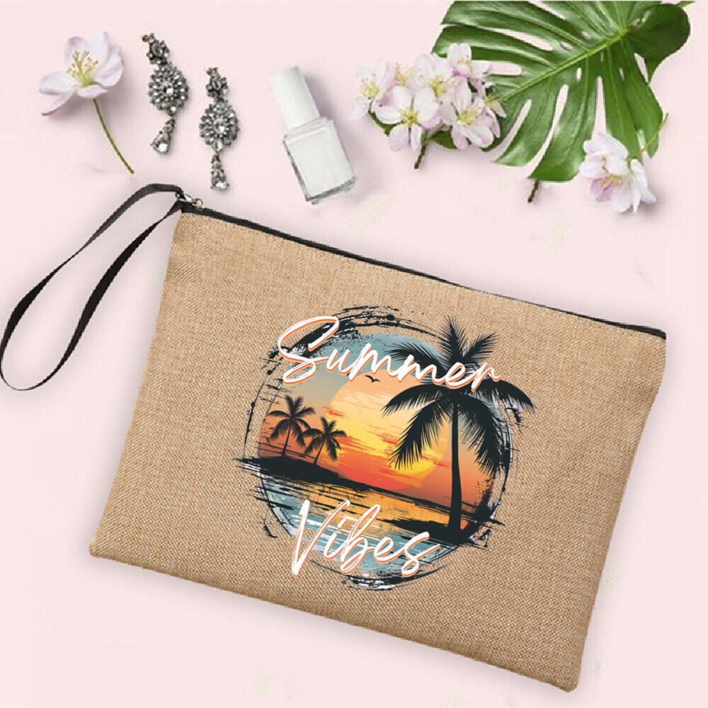 Salt Water and Sunshine Printed Linen Bag Makeup Bags Beach Holiday Sunglasses Sunscreen Storage Pouch Travel Toiletry Bag Gifts