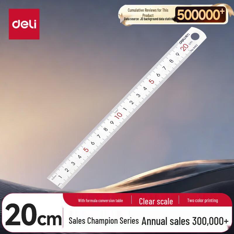 Deli 20cm Stainless Steel Ruler with Formula Table