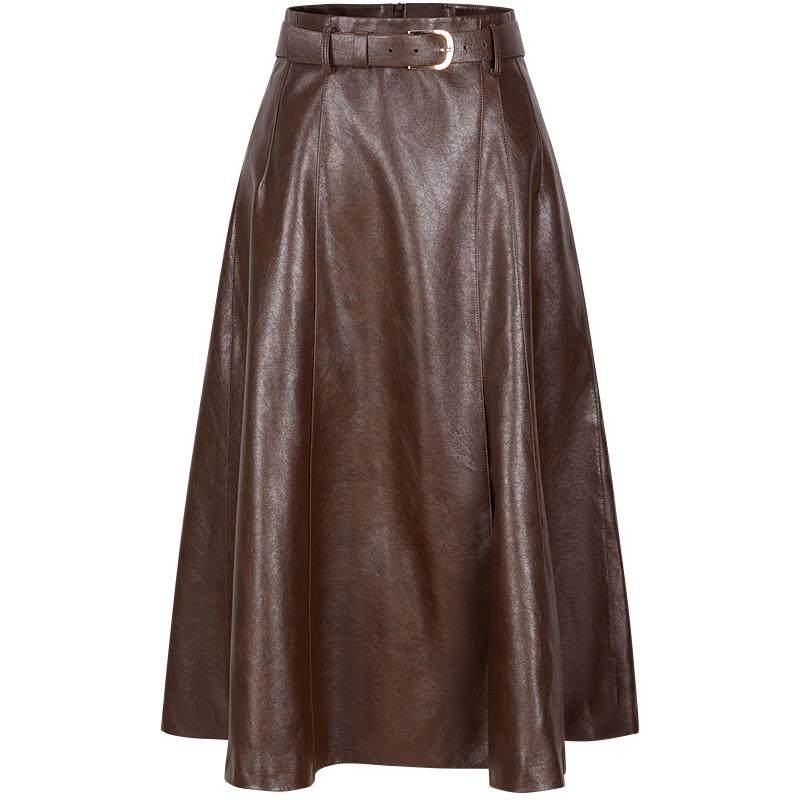 

JIU ZI AN NA KOU Women s Modern Minimalist PU Leather Midi Skirt with Belt M