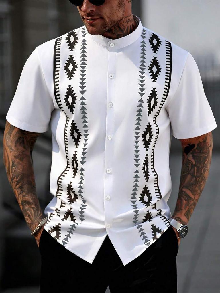 Abbigliamento Uomo Estate Manica Corta Stile Etnico Collo alla Coreana Camicia Casual Top