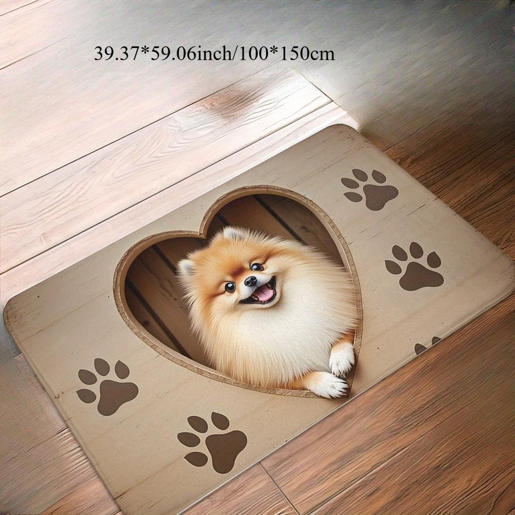 1pc Flannel Floor Mat, Outdoor Indoor Door Mat Souvenir and Holiday Gift, Cute Pomeranian Peeking Heart-Shaped Cardboard Box