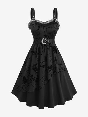Robe débardeur trapèze vintage à volants superposés et à fleurs, grande taille, avec bordure en dentelle et ceinture à boucle, Rosegal