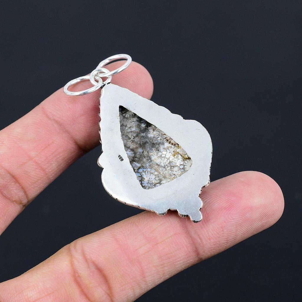 925 Silver Pear Fossil Coral Stone Root Chakra Daughter Wedding Pendant Jewelry