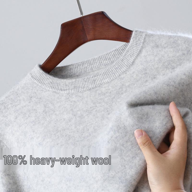 Men's 100% Wool Round Neck Loose Casual Sweater - Thickened Long Sleeve Knitwear