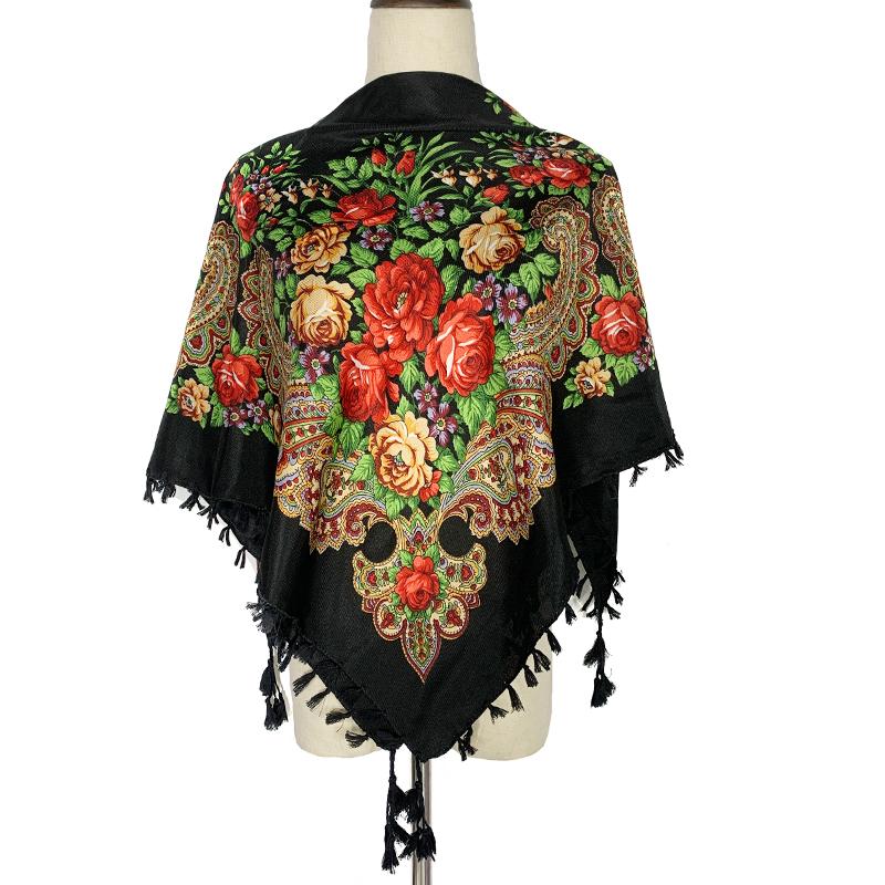 90*90cm Short Tassel Floral Print Russian Square Scarf Women Luxury Flower Printed Bandana Shawl Ukrainian Babushka Head Wraps