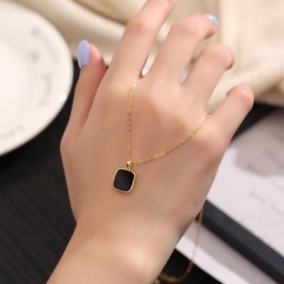 925 Sterling Silver Black Square Necklace with Agate and White Shell Pendant—Chic and Elegant Design