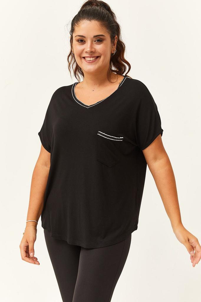 Damen Bluse in Übergröße V-Ausschnitt Schwarze Bluse mit silbernen Streifen an Kragen und Taschen